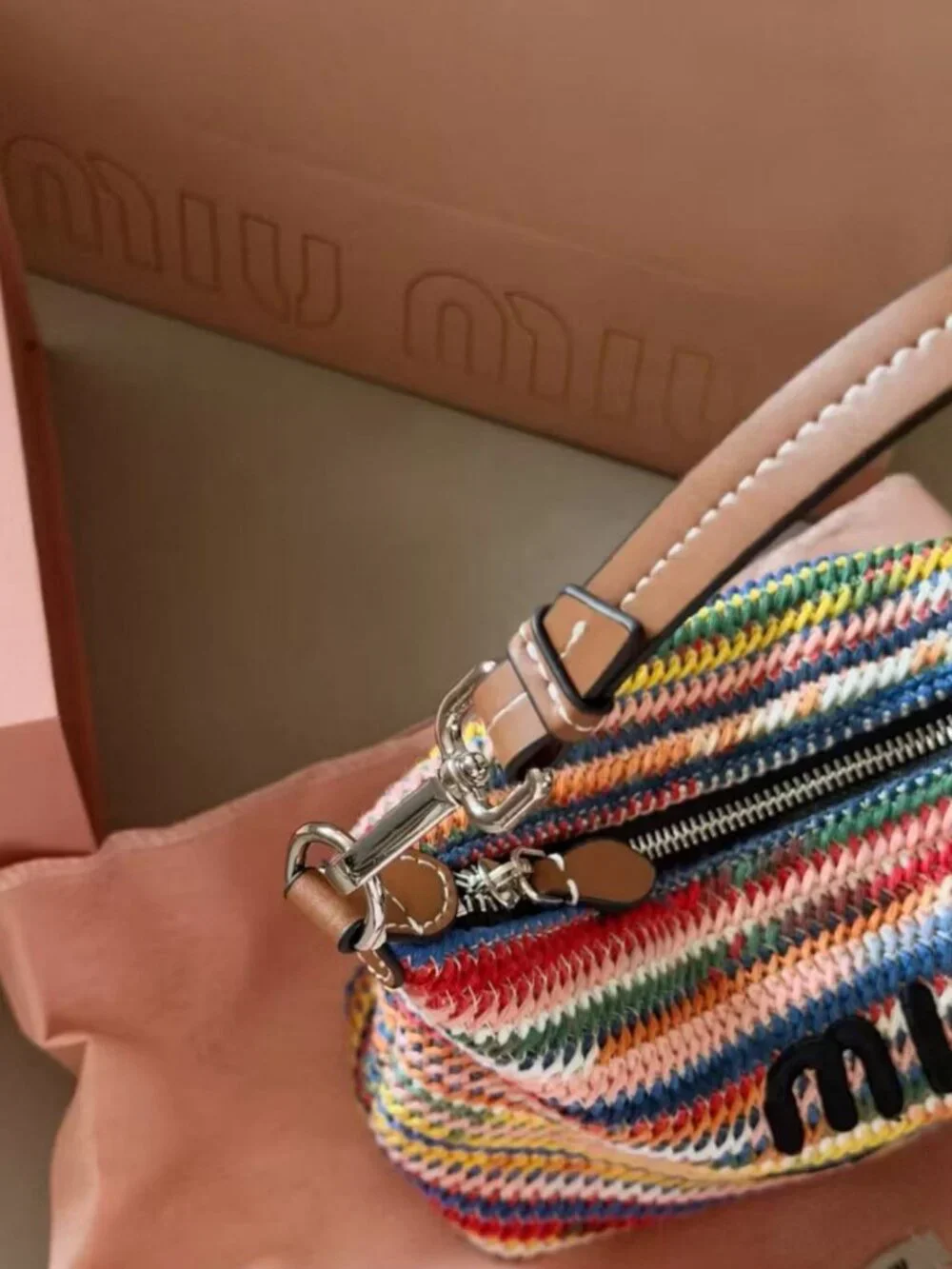 Miu Miu Multicolor Striped Crochet Raffia Mini Shoulder Bag